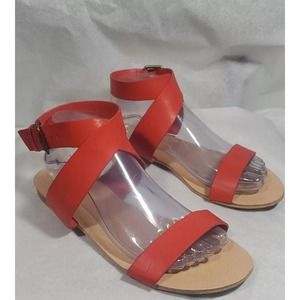 Loft Size 9M Red Faux Leather Open Toe Criss Cross Strap Stack Heel Sandals